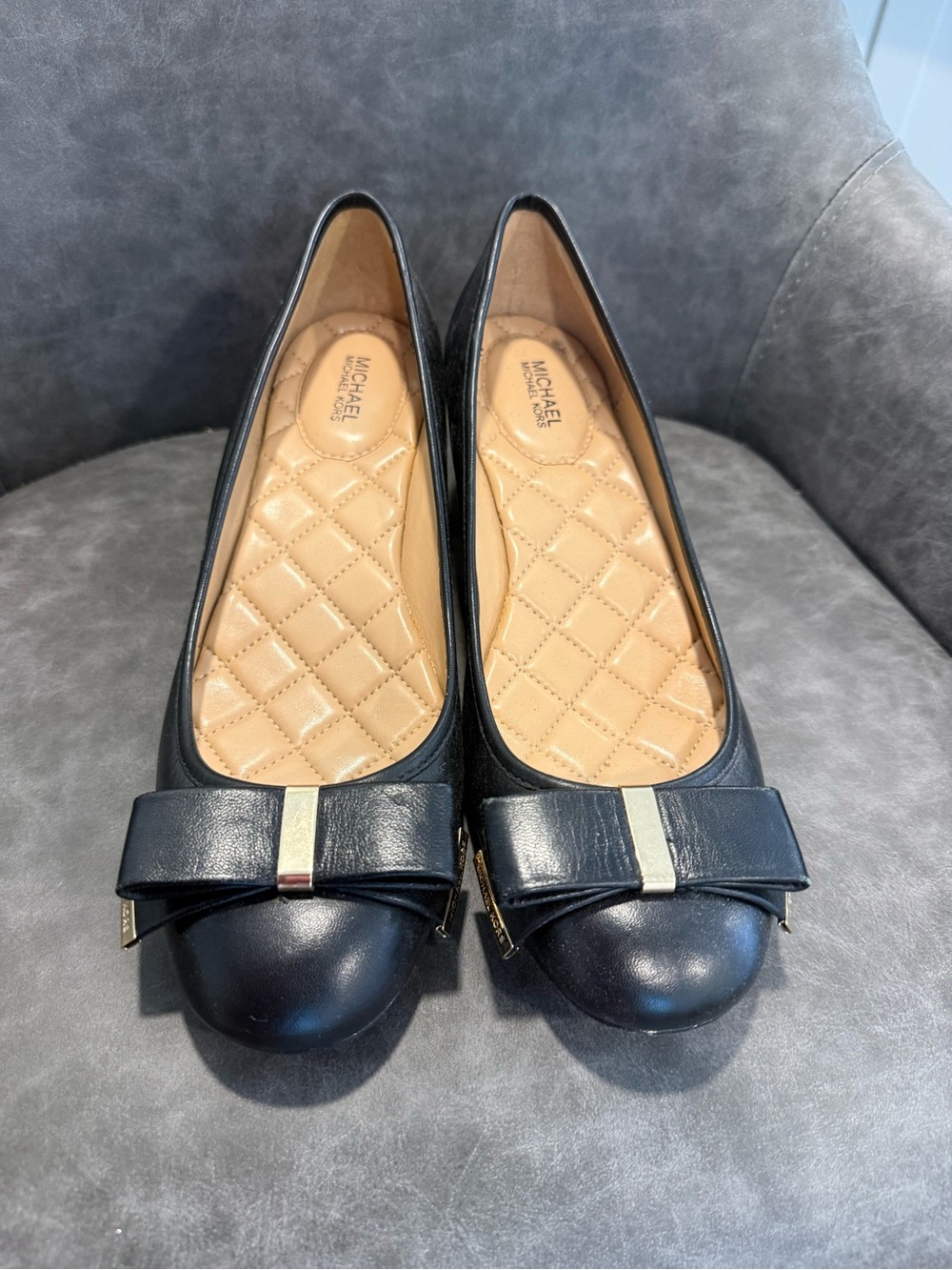 Michael Kors Black Leather Quilted-Insole Bow Low Heel Flats